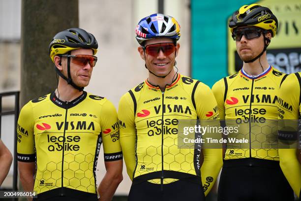 Julien Vermote of France, Wout Van Aert of Belgium and Jan Tratnik of Slovenia and Team Visma | Lease a Bike prior to the 3rd Clasica Jaen Paraiso...