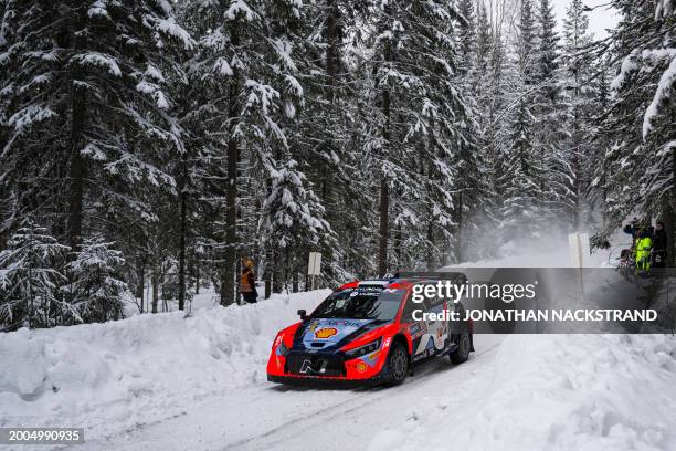 Ott Tanak of Estonia and his co-driver Martin Jarveoja of Estonia steer their Hyundai i20 N Rally1 HYBRID during the shakedown of the Rally Sweden,...