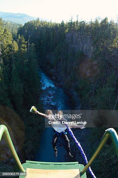 bride and groom bungee jumping, elevated view, (wide angle) - bunjee jumping stock-fotos und bilder
