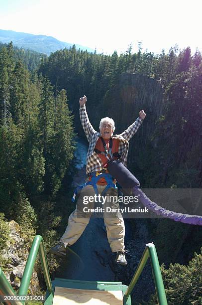 mature man bungee jumping, elevated view, (wide angle) - bungee stock pictures, royalty-free photos & images