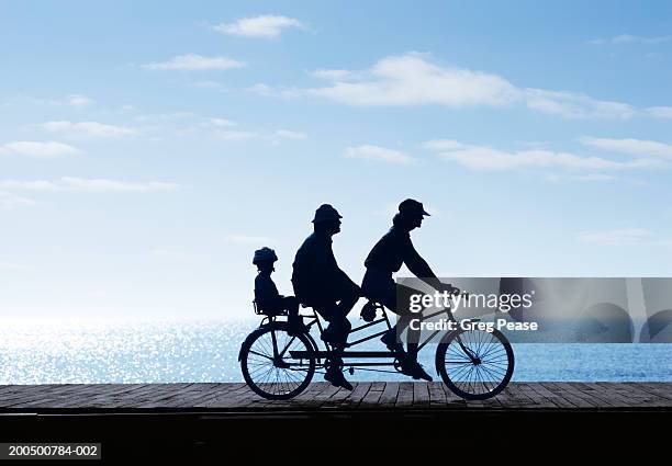 silhouette of family riding tricycle by sea, side view - tandem bicycle foto e immagini stock