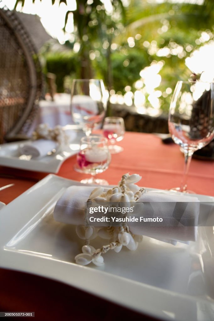 Place settings on table (focus on plate and napkin in foreground)