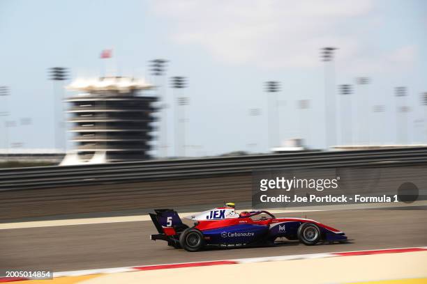 Sami Meguetounif of France and Trident drives on track during day two of Formula 3 Testing at Bahrain International Circuit on February 12, 2024 in...