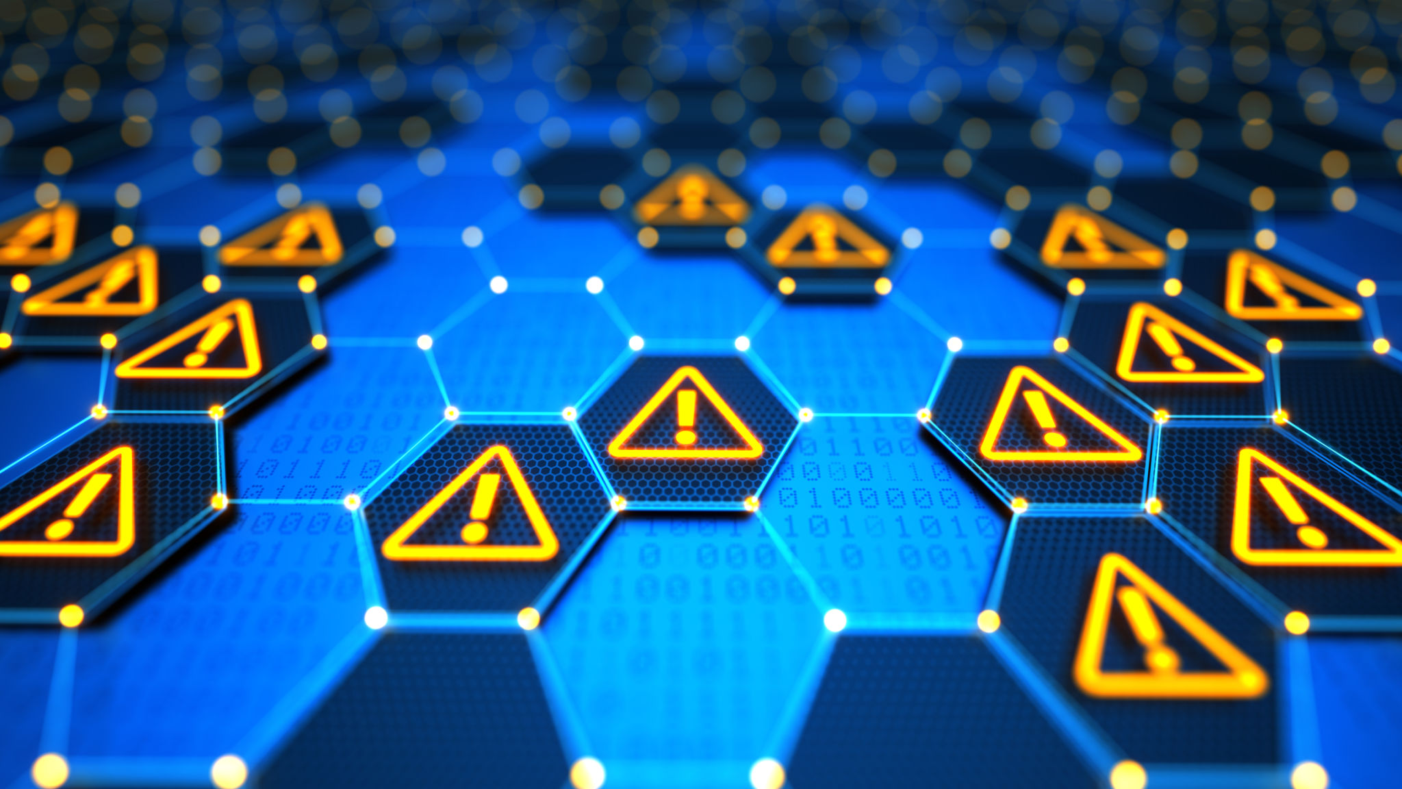 Futuristic digital technological background with hexagonal elements, yellow glowing warning signs and binary code. Encryption your data. Big data security. Safe your data. Cyber internet security and privacy concept. Futuristic digital technological background with hexagonal elements, yellow glowing warning signs and binary code. Encryption your data. Big data security. Safe your data. Cyber internet security and privacy concept.