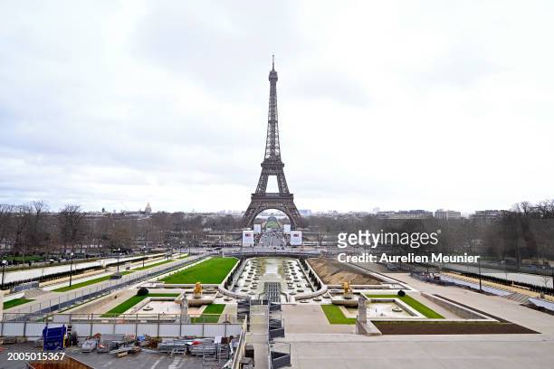 An outside view of the Eiffel Tower from Trocadero ahead of Paris 24 on February 11, 2024 in Paris, France.