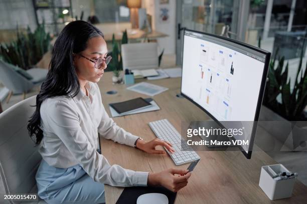 business, online shopping and woman with a credit card, computer and screen with ecommerce. pc, employee and accountant with transactions and budget with product, sale and discount deal with payment - credit card mockup stock pictures, royalty-free photos & images