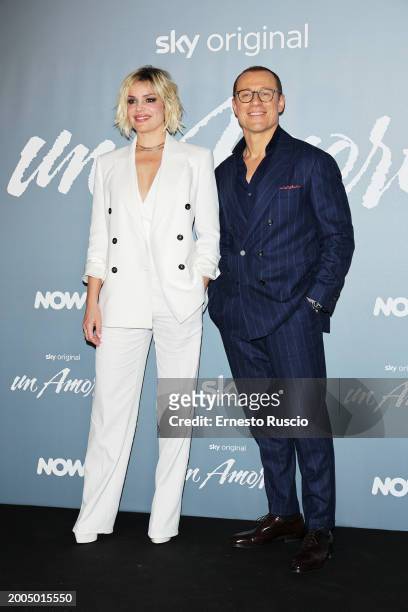 Micaela Ramazzotti and Stefano Accorsi attend the photocall for "Un Amore" at Cinema Barberini on February 12, 2024 in Rome, Italy.