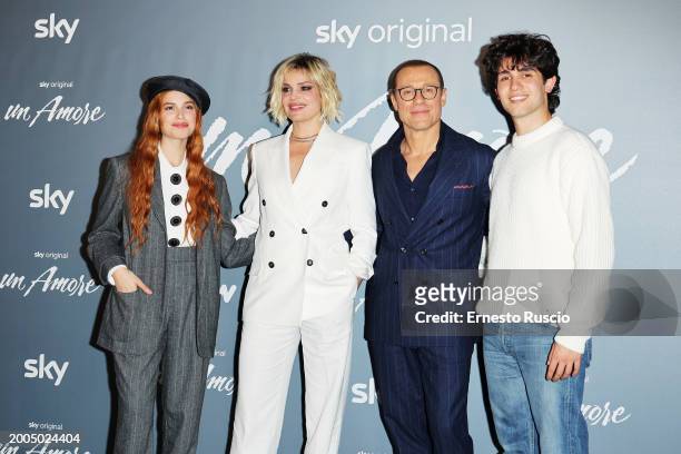 Beatrice Fiorentini, Micaela Ramazzotti, Stafano Accorsi and Luca Santoro attend the photocall for "Un Amore" at Cinema Barberini on February 12,...