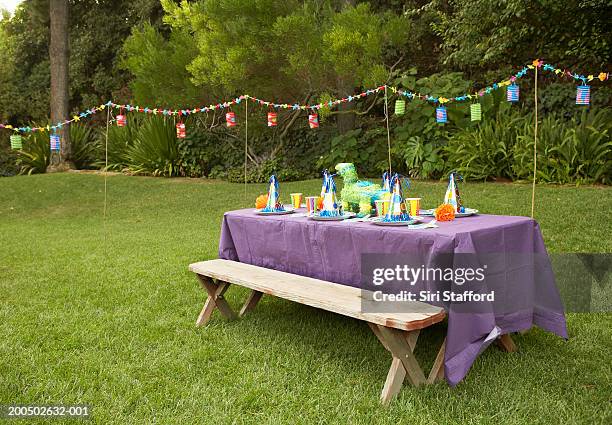 children's party table set-up in backyard - party lawn stock pictures, royalty-free photos & images