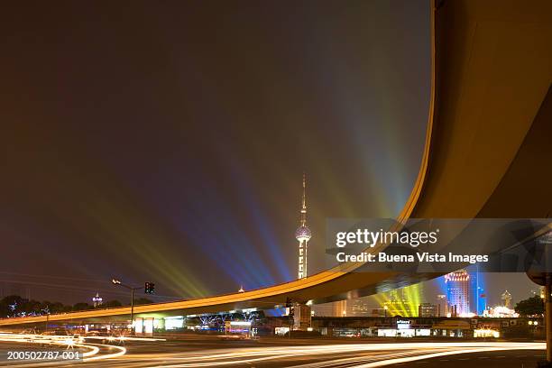 china, shanghai, elevated road and skyline at night (long exposure) - elevated road stock pictures, royalty-free photos & images