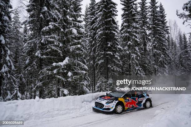 Adrien Fourmaux of France and his co-driver Alexandre Coria of France steer their Ford Puma Rally1 HYBRID during the shakedown of the Rally Sweden,...