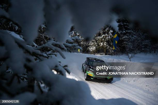 Oliver Solberg of Sweden and his co-driver Elliott Edmondson of Great Britain steer their Skoda Fabia RS during the shakedown of the Rally Sweden,...