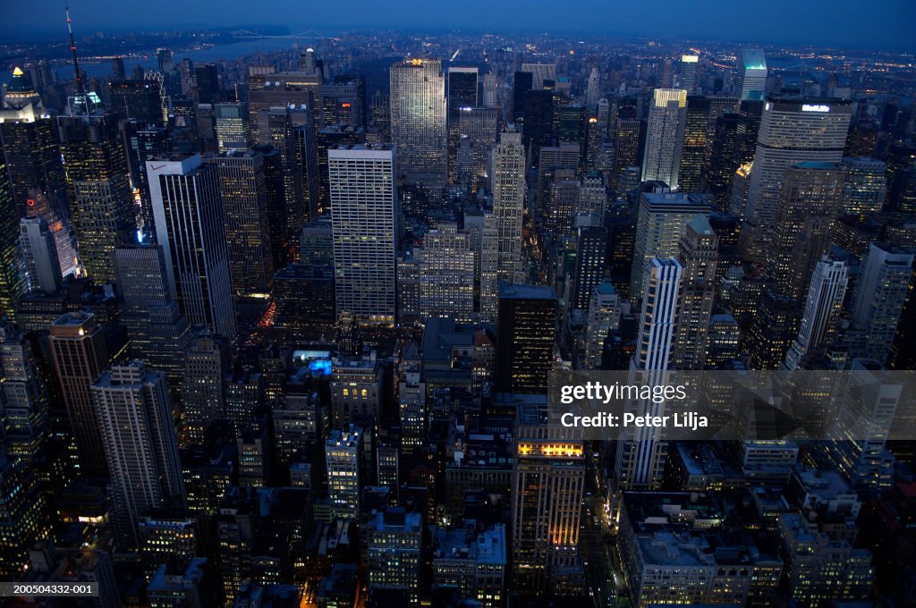 Skyline at sunrise, aerial view