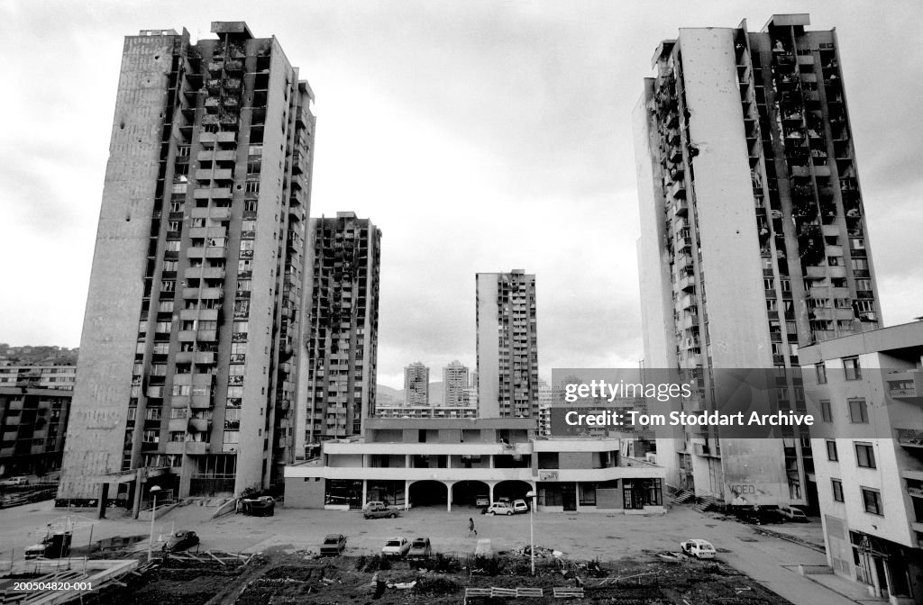 Bosnia, Sarajevo, War damaged high rise apartment blocks