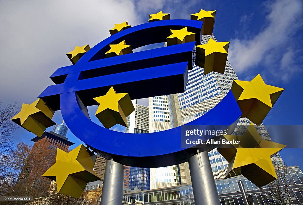 Germany, Frankfurt, euro sign, low angle view, (wide angle)