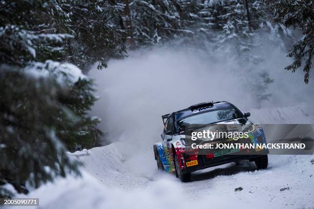 Jan Solans of Spain and his co-driver Rodrigo Sanjuan of Spain steer their Toyota GR Yaris during the shakedown of the Rally Sweden, second round of...
