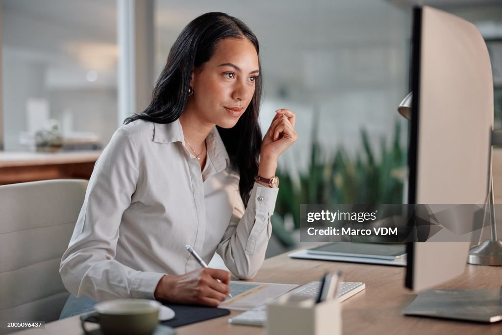 Business, thinking and woman with computer, writing and inspiration with online news and reading a financial blog. Accountant, planning and broker with a pc and notebook with deadline for a project