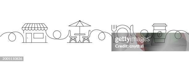 kontinuierliches einzeiliges cafeteria-icons-konzept. einzeilige vektorillustration. essen, trinken, genuss, ausruhen. - kantine stock-grafiken, -clipart, -cartoons und -symbole