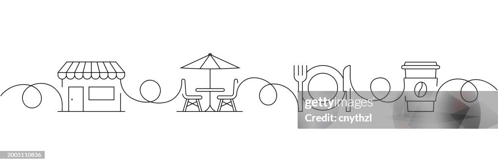 Continuous One Line Drawing Cafeteria Icons Concept. Single Line Vector Illustration. Food, Drink, Enjoyable, Resting.