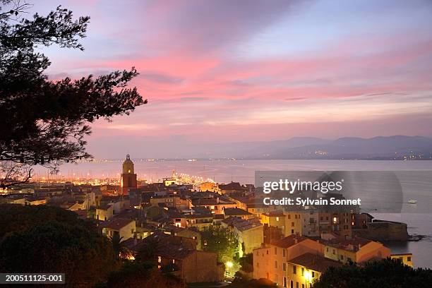 france, cote d'azur, var, st tropez, cityscape, elevated view, dusk - st tropez stock pictures, royalty-free photos & images