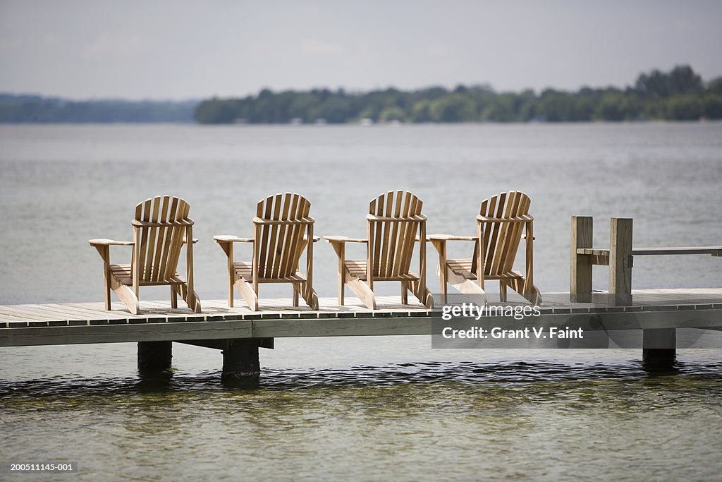 Adirondack chairs on jetty, rear view, summer