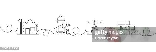 continuous one line drawing home renovation icons concept. single line vector illustration. architecture, contractor, floor plan, tile. - single line drawing building stock illustrations