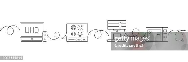 continuous one line drawing household appliances icons concept. single line vector illustration. tv, stove, coffee machine, microwave. - new kitchen stock illustrations