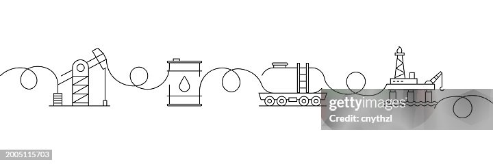 Continuous One Line Drawing Oil Industry Icons Concept. Single Line Vector Illustration. Drilling Rig, Oil Can, Tanker, Offshore Platforms. Continuous One Line Drawing Oil Industry Icons Concept. Single Line Vector Illustration. Drilling Rig, Oil Can, Tanker, Offshore Platforms.