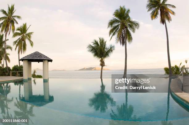 fiji, mamanuca islands, mana island, infinity pool and sea at dawn - western division fiji stock pictures, royalty-free photos & images