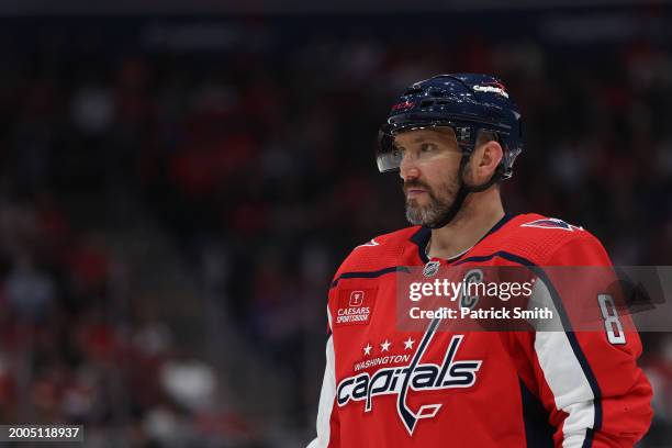 Alex Ovechkin of the Washington Capitals looks on against the Vancouver Canucks during the second period at Capital One Arena on February 11, 2024 in...