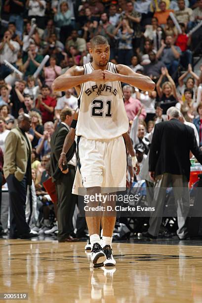 Tim Duncan of the San Antonio Spurs walks on the court in Game five of the Western Conference Semifinals against the Los Angeles Lakers during the...
