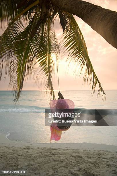 woman on swing at beach, rear view, sunset - jamaica beach bildbanksfoton och bilder