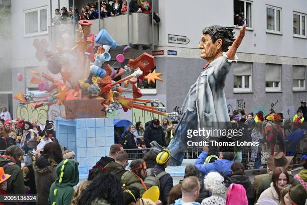 Parade float shows German Health Minister Karl Lauterbach as the 'Master of Desaster' at the annual Rose Monday Carnival parade on February 12, 2024...