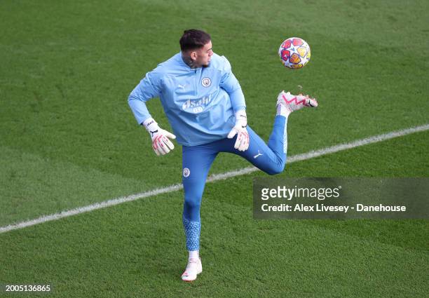 Ederson of Manchester City during a training session at Etihad Campus ahead of their UEFA Champions League match against FC Copenhagen on February...