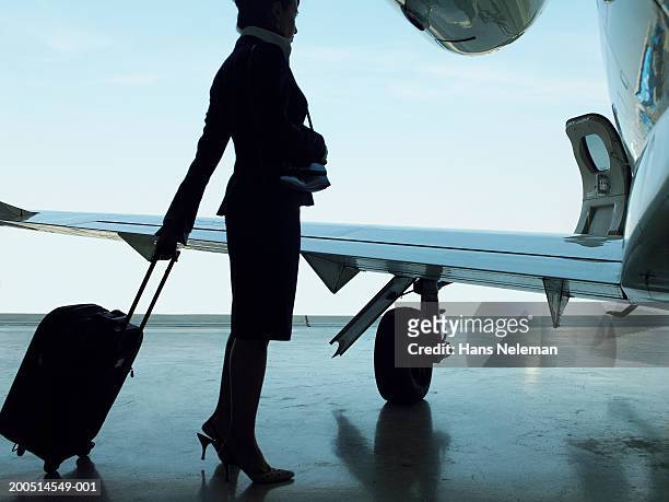 flight attendant standing with suitcase near airplane, side view - tripulación fotografías e imágenes de stock