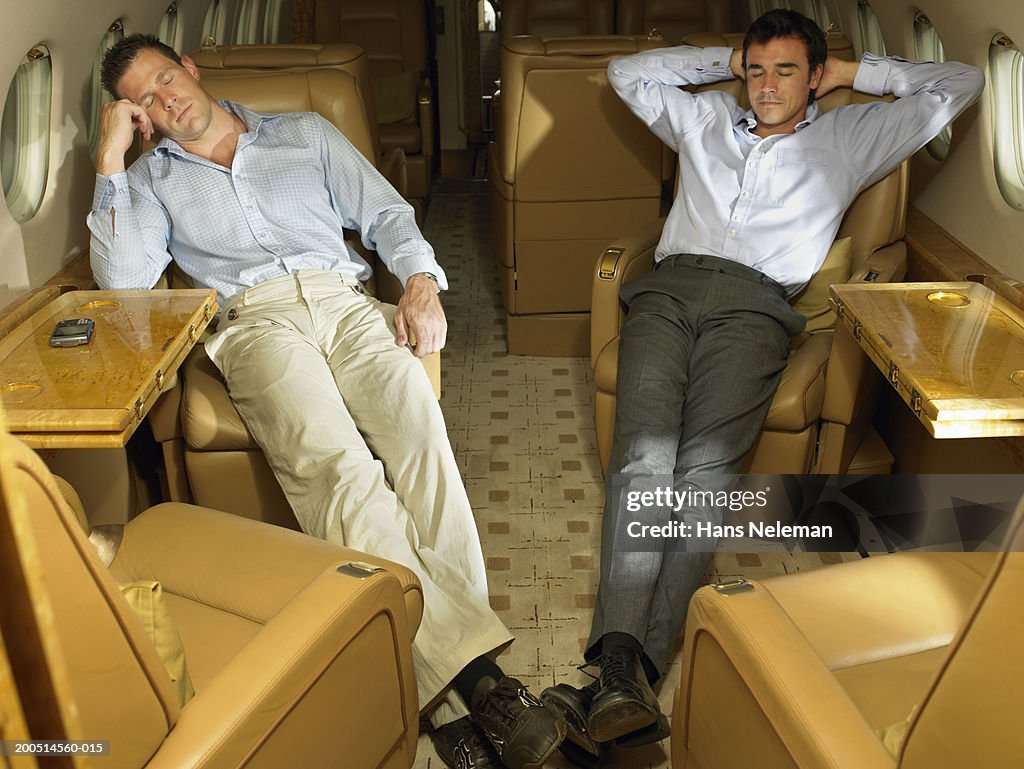 Two businessmen sleeping on private plane, high angle view