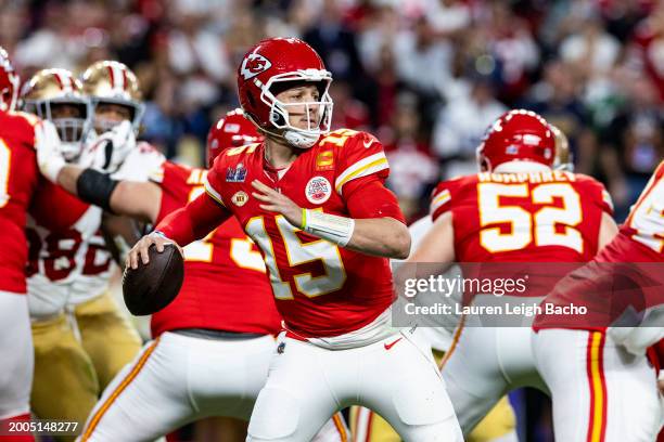 Patrick Mahomes of the Kansas City Chiefs throws a pass during the game against the San Francisco 49ers during Super Bowl LVIII at Allegiant Stadium...