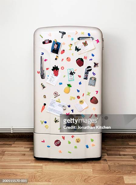 fridge covered in magnets, notes and photographs - frigorífico fotografías e imágenes de stock