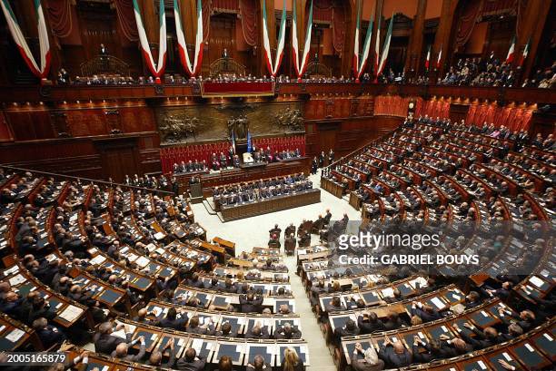 Pope John Paul II delivers a speech at the Italian parliament in Rome 14 November 2002. The Pope became the first ever pontiff to address the Italian...