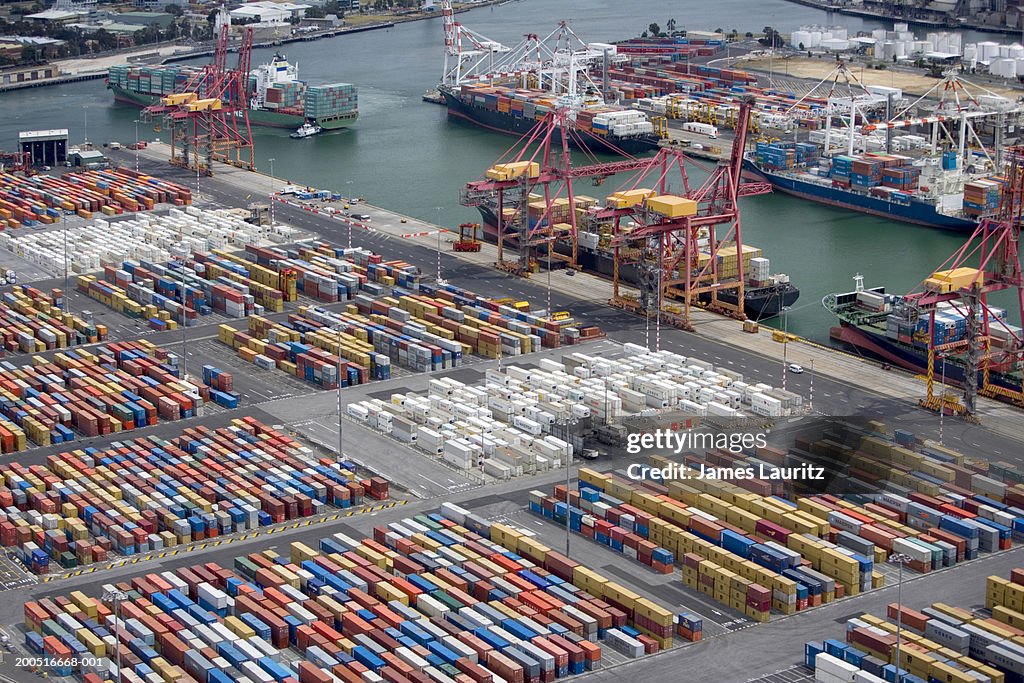 Australia, Melbourne, containers on dockside, aerial view