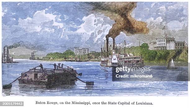 old engraved illustration of baton rouge on the mississippi, once the state capital of louisiana, united states - mississippi v mississippi state stock pictures, royalty-free photos & images
