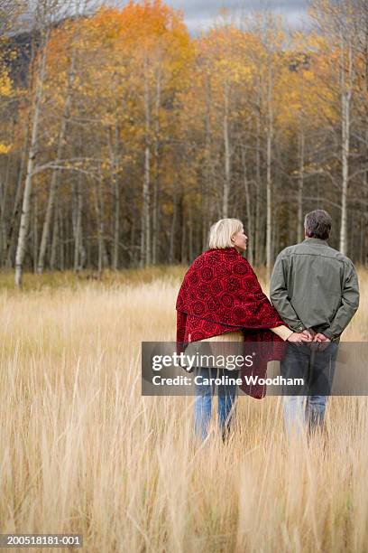 mature man and woman walking through tall grass, autumn, rear view - ketchum idaho stock pictures, royalty-free photos & images