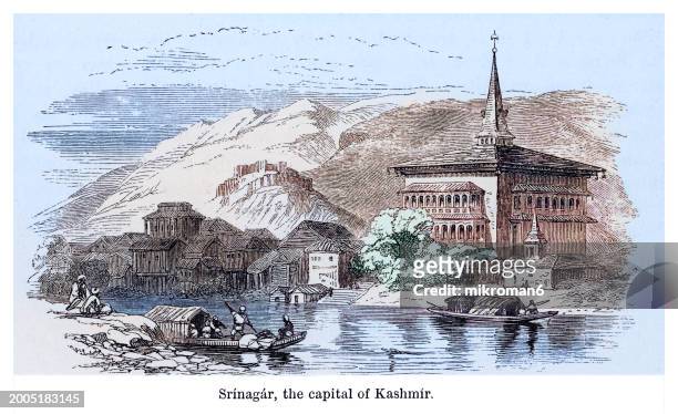 old engraved illustration of srinagar, the capital of kashmir region - antique logo stock pictures, royalty-free photos & images