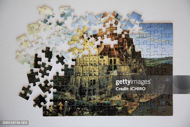 tower of babel jigsaw puzzle, overhead view - toren van babel stockfoto's en -beelden