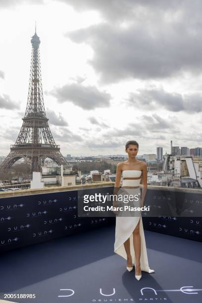 Zendaya Coleman attends the "Dune 2" Photocall at Shangri La Hotel on February 12, 2024 in Paris, France.
