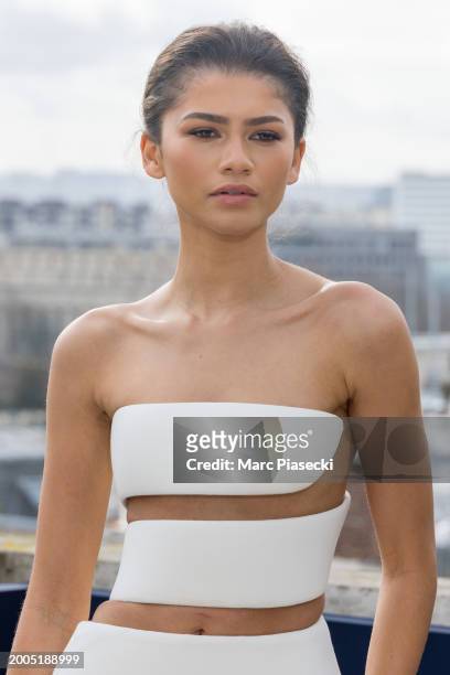 Zendaya Coleman attends the "Dune 2" Photocall at Shangri La Hotel on February 12, 2024 in Paris, France.