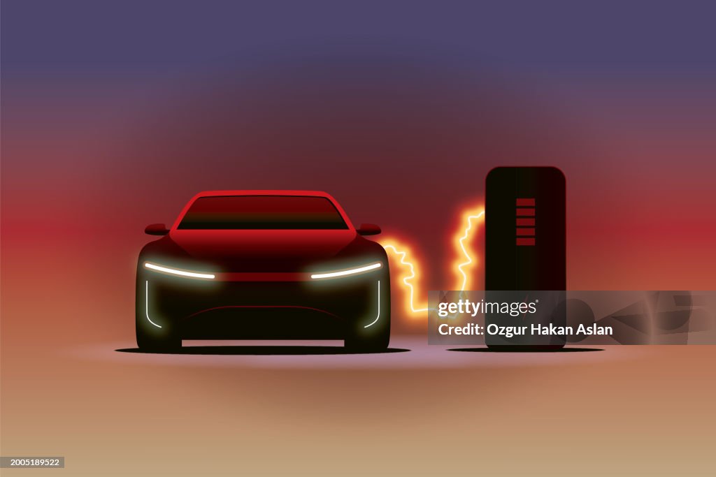 Electric car at the charging station. Electric current illustration, symbolizing EV charging and showing the power of electricity