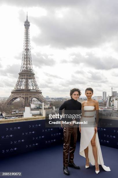Timothee Chalamet and Zendaya Coleman attend the "Dune 2" Photocall at Shangri La Hotel on February 12, 2024 in Paris, France.