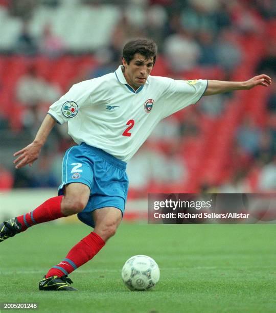 June 19: Omar Tetradze of Russia on the ball during the UEFA Euro 1996 Group C match between Russia and Czech Republic at Anfield on June 19, 1996 in...