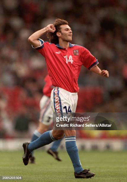 June 19: Patrik Berger of Czech Republic celebrates 1st goal during the UEFA Euro 1996 Group C match between Russia and Czech Republic at Anfield on...